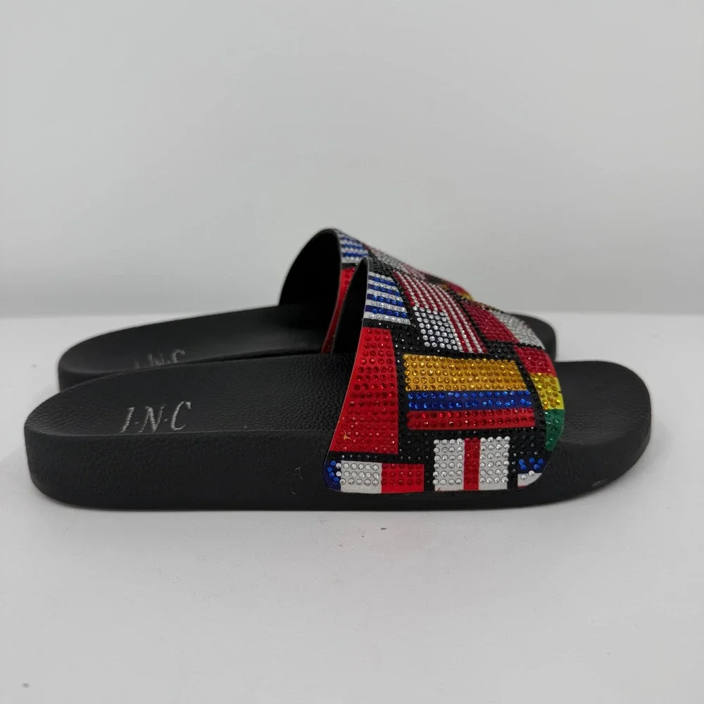 INC International Concepts World Flag Rhinestone Slide Sandals Black Womens 7